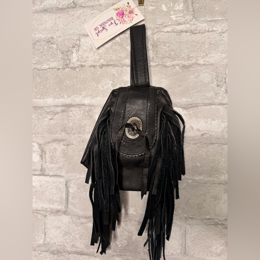 Vintage Biker Style Black Leather Bag Fringe Silver Medallion Zip Fold Strap